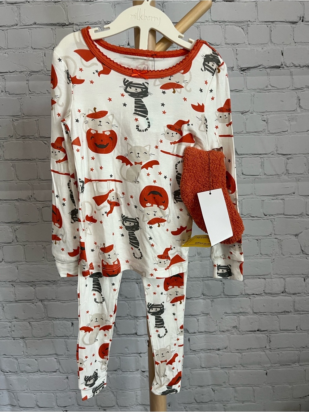 Milkberry Kids Halloween Cat & Pumpkin Pajama Set - Orange/White